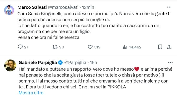 i tweet di marco salvati e gabriele parpiglia contro sonia bruganelli